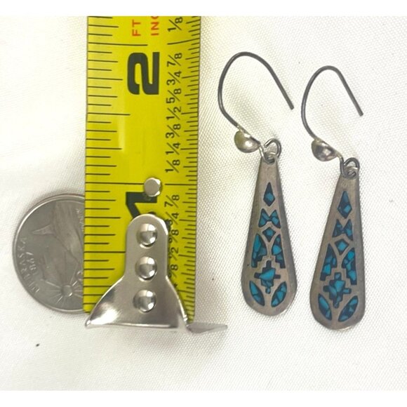 Vintage Sterling Silver & Turquoise Inlay Drop Earrings With Hook Backs - Picture 6 of 7